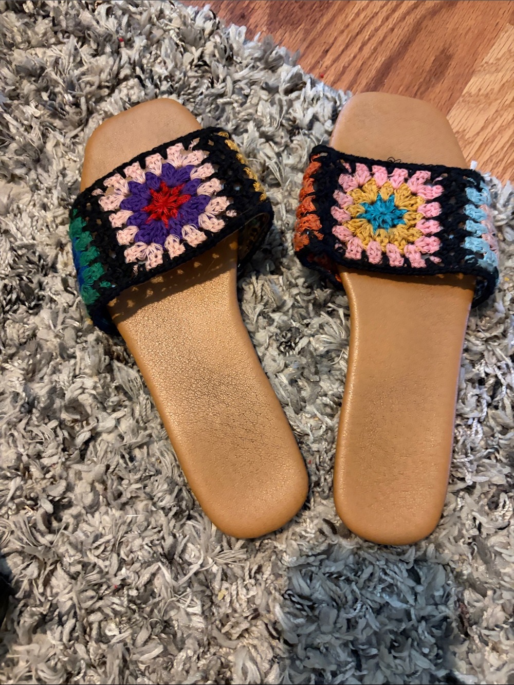 Handmade Crochet Multi-Color Slide Sandals - Tan Footbed